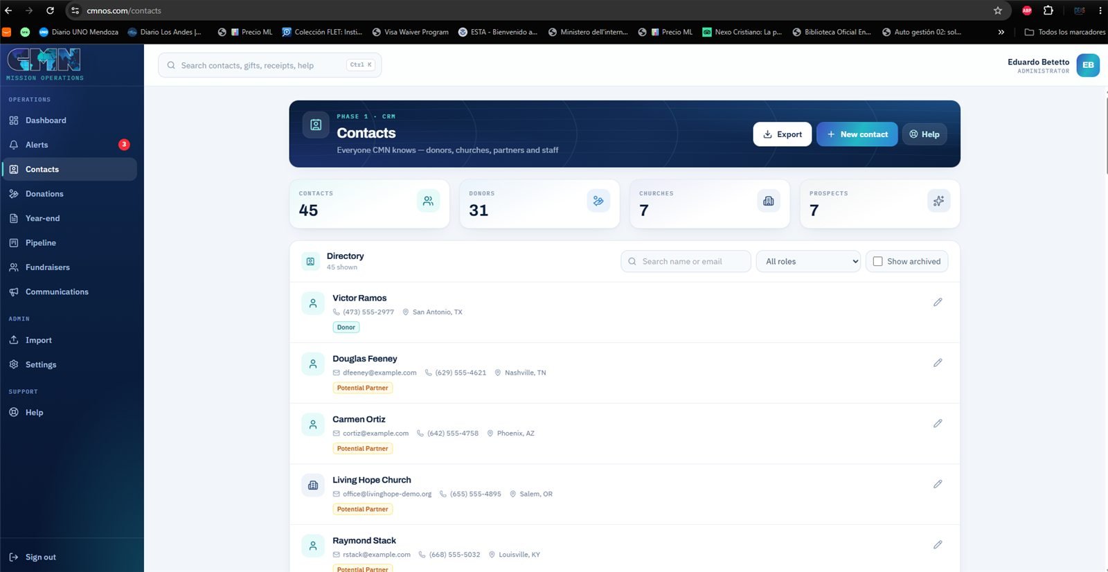 Contacts — the directory with role tags and the filter by role.