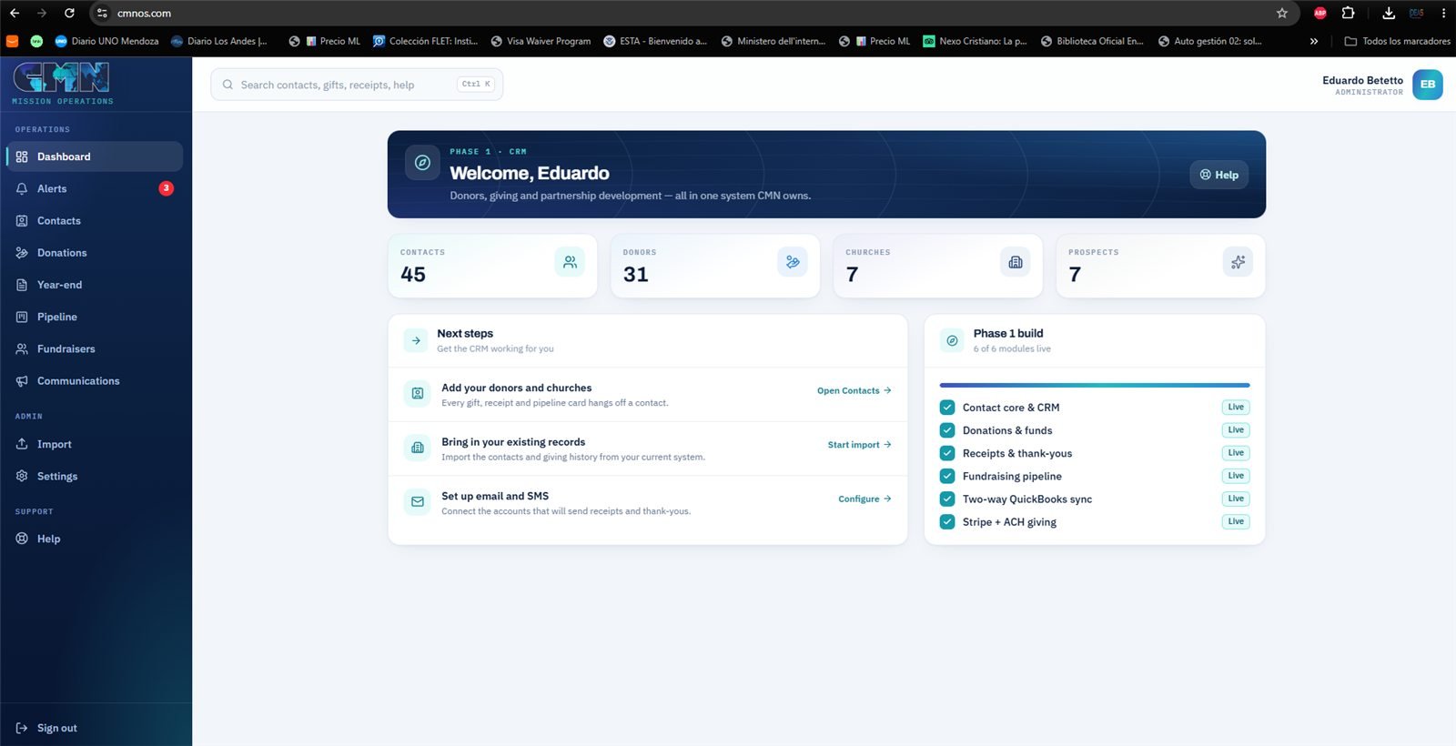 Dashboard — the size of the contact base and the status of the six Phase 1 capabilities.