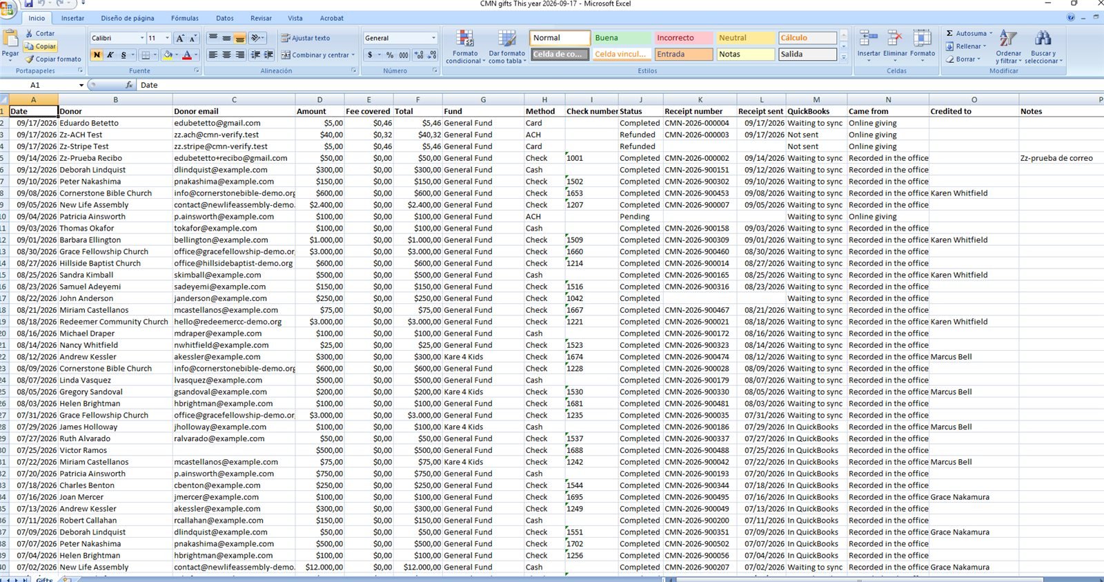 The file Donations downloads, opened in Excel: amounts as currency and one column per detail.