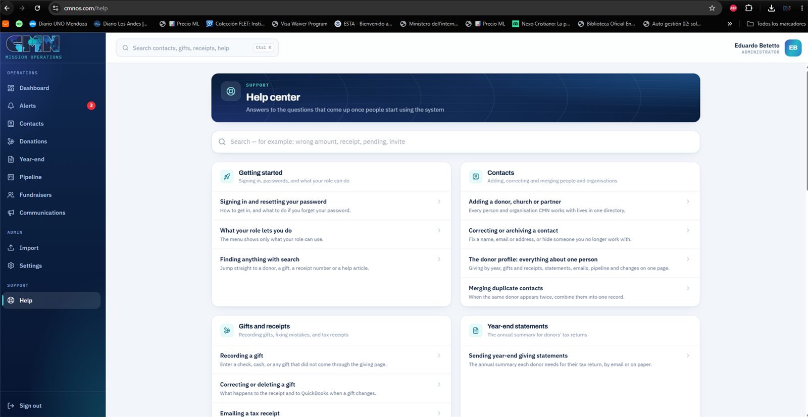 Help — articles grouped by topic, with a search of its own.