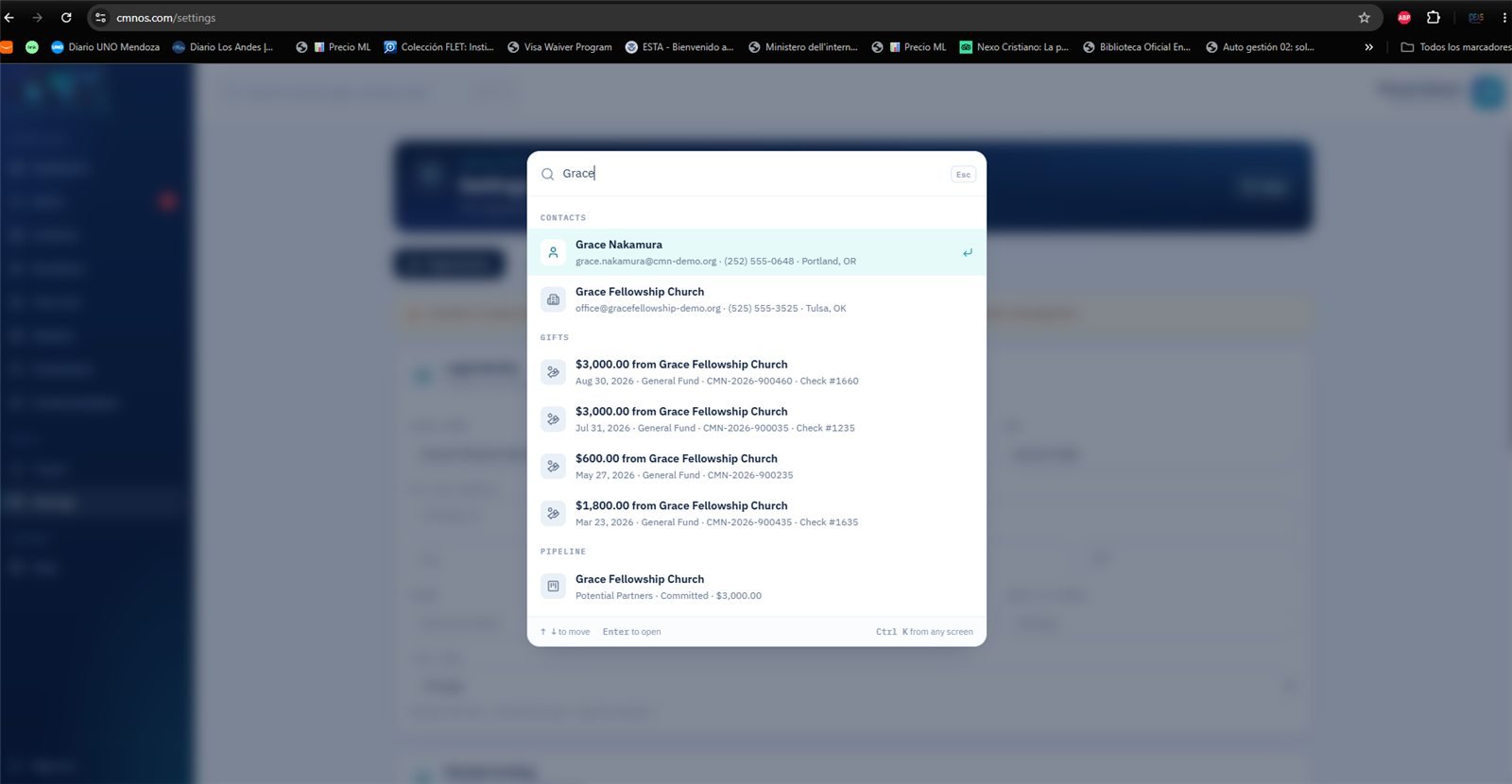 Search with Ctrl K: one word returns contacts, gifts and prospects.