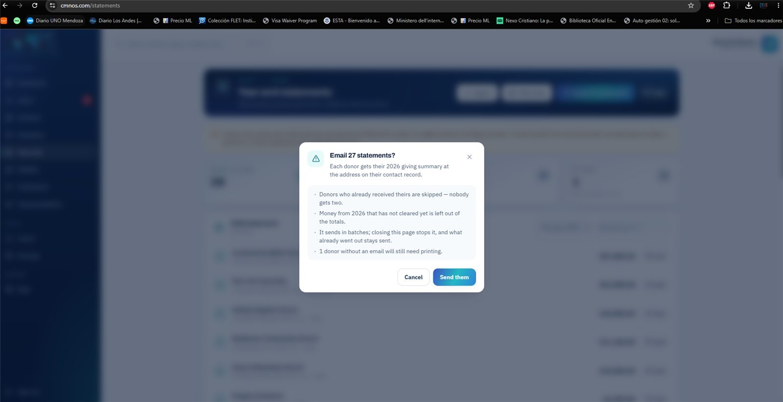Year-end — before sending, the system says what it will do: skip anyone who already has theirs, leave out money not yet cleared, send in batches, and say how many donors will need a printed copy.
